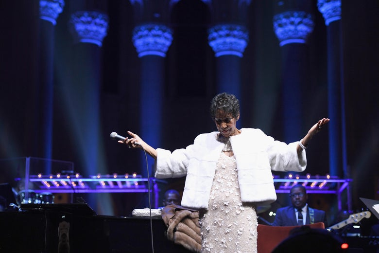 Aretha Franklin performs onstage at the Elton John AIDS Foundation Commemorates Its 25th Year And Honors Founder Sir Elton John During New York Fall Gala at Cathedral of St. John the Divine on November 7, 2017 in New York City. (Photo by Dimitrios Kambouris/Getty Images)